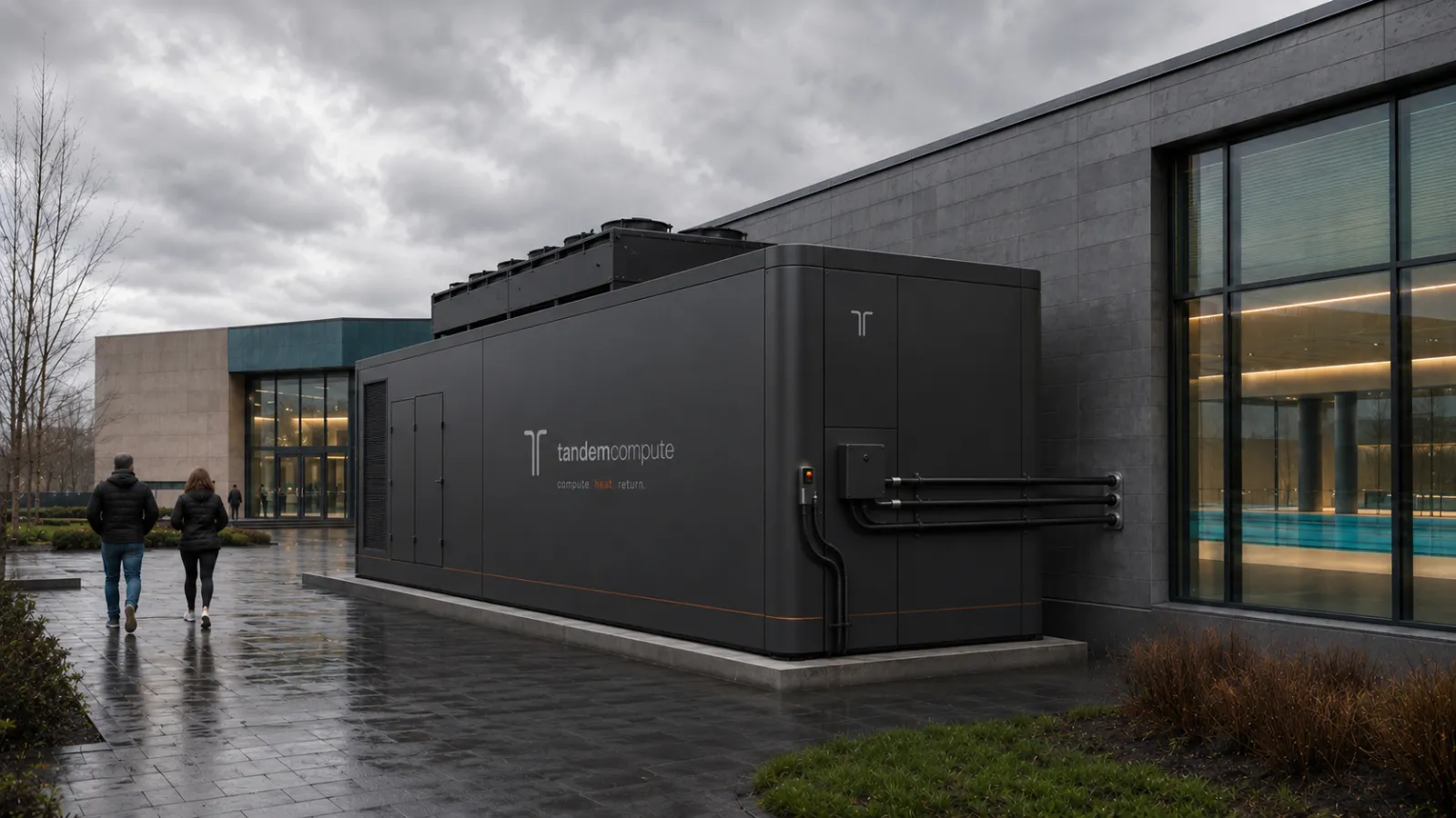 A tandemcompute pod beside a host building